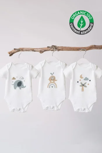 Lilabio 100% Organic Cotton 3-Pack Printed Short-Sleeve Baby Bodysuit Elephant