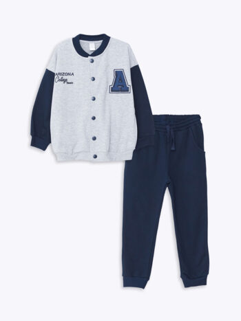 LCW Baby Gray Melange Printed Boys' College Jacket and Sweatpants 2-Piece Set
