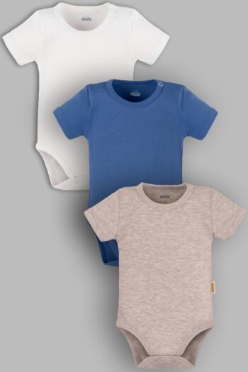Overoz Organic 100% Cotton Plain White Blue Gray Melange Basic Set of 3 Baby Bodysuits