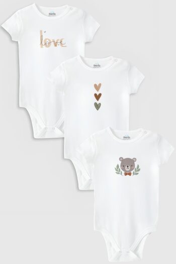 Overoz Organic 100% Cotton Love 3-Piece Baby Bodysuit Set White Baby Bodysuit Snap Closure Three-Pack 5777-5778-5779