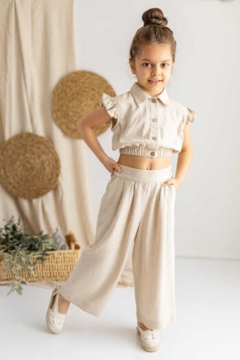 Oliven The Kid Beige Cotton Pleated Elastic Sides With Pockets Wide Leg Girls' Trousers