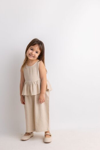 Oliven The Kid White Ruffled Back Buttoned Sleeveless Linen Girl's Jumpsuit