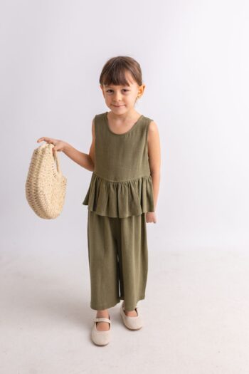 Oliven The Kid White Ruffled Back Buttoned Sleeveless Linen Girls' Jumpsuit