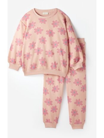 June Open Pink Girl's Colorful Floral Pattern Tracksuit Set