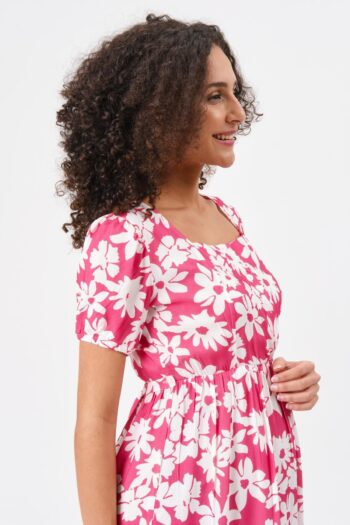 BUSA Maternity Short Sleeve Elastic Waist Midi Floral Dress Fuchsia