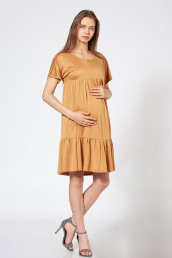 BUSA Maternity Dress with Collar, Zippered Skirt, Ruffled Short Sleeve Dress in Mustard