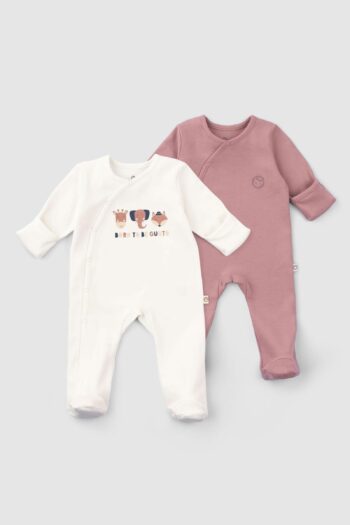 Two-Piece Organic Cotton Sleeved Romper Set in Rose Pink