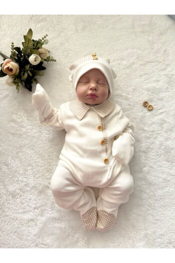 Mama Miel Baby Milk Coffee Checkered Fabric Detailed Snaps Newborn Baby Boy Romper and Hat