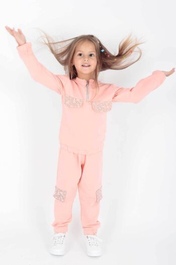 AHENGİM Kids Girls Printed Pocket Trendy School Tracksuit Set Ak2232