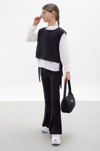 Cansın Mini Black Sweater with Beaded Detail and Slit Leggings Set for Girls 18090