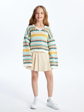 Dexia Green-Ivory Cali - Knitted Detail Openwork Pattern Knit Blouse - Multicolor