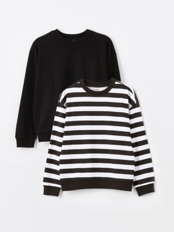 LCW Kids Black Striped Crew Neck Long Sleeve Girls Sweatshirt Set of 2