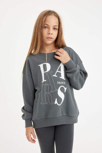 Girl's Oversized Fit Printed Crew Neck Sweatshirt