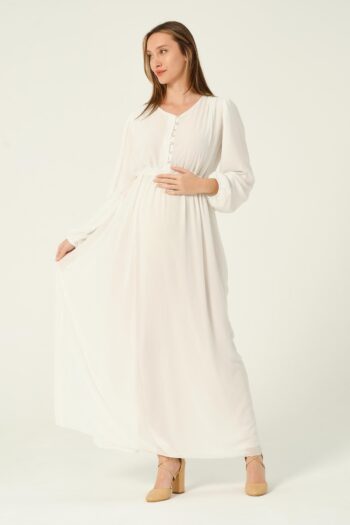BUSA Maternity Drawstring Chiffon Maxi Length Modest Dress White