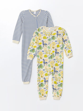 LCW Baby Open Beige Printed Crew Neck Long Sleeve Printed Baby Boy Romper Set of 2