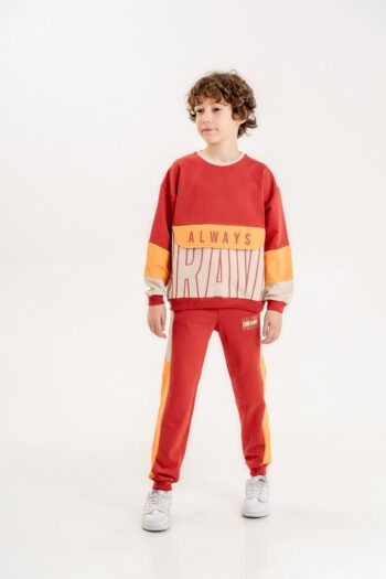 Mışıl Kids Always Brave Printed Kangaroo Pocket Detail Short Sleeve Crew Neck Boys Sweat Suit