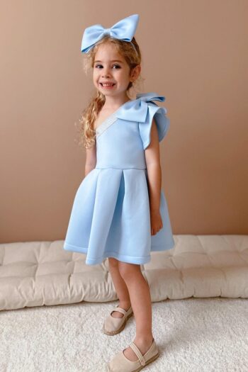 Blue Ruffled One-Shoulder Dress with Bow Detail for Girls - Mildred