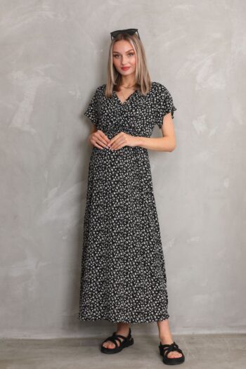 Miss World Lissa V-Neck Elastic Breast Floral Pattern Woven Long Maternity Dress