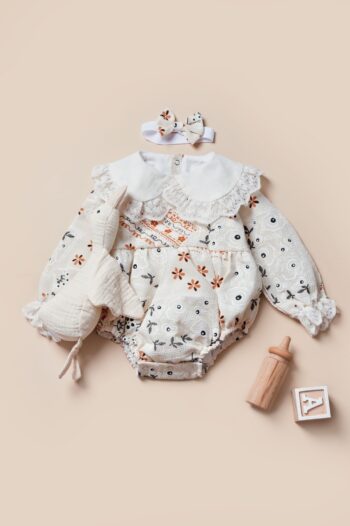 Ethnic Pattern Authentic Snap-Crotch Baby Collar Linen Romper