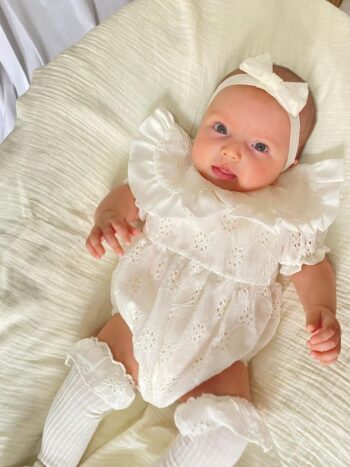 Mabel Fisto Detailed Perforated Short Sleeve Romper - Socks - Bandana Set
