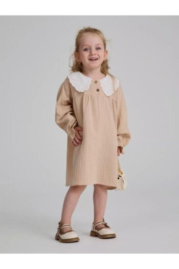 HN HNT TEXTILE Lace-Collared Girls' Muslin 100% Cotton Beige Dress