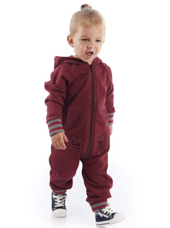 Burgundy Baby Embroidered Hooded Zippered Jumpsuit