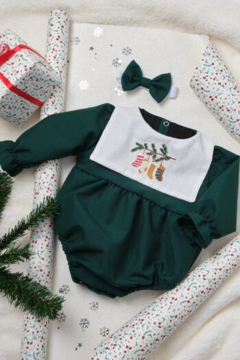 CHRISTMAS Green Sock Embroidered Girl Romper Bandana Set
