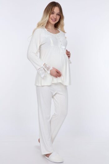Luvmabelly Myra9500 - Lace Buttoned Maternity Pajama Set - Ecru