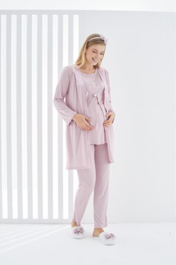 ERDENİZ TEKSTİL Button Collar Cotton 3-Piece Maternity Pajama Set with Robe