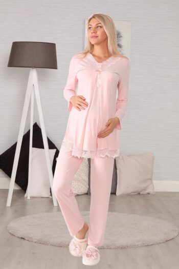 Maternity Pajama Set with Concealed Nursing Feature in Powder Pink - 4032