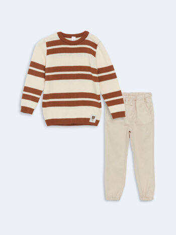 LCW Kids Open Beige Printed Striped Boys' Sweater and Pants 2-Piece Set
