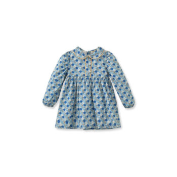 Floral Patterned Velvet Trim Blue Cotton Dress
