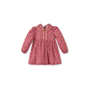 Floral Velvet Trimmed Pink Cotton Dress