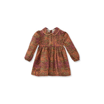 Brown Cotton Dress with Velvet Flower Patterned Trim