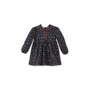 Floral Patterned Velvet Trimmed Navy Blue Cotton Dress
