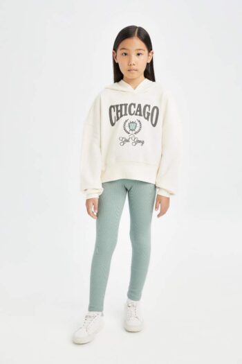 Girls' 2-Piece Set with Hooded Printed Sweatshirt and Elastic Waist Ribbed Jersey Leggings