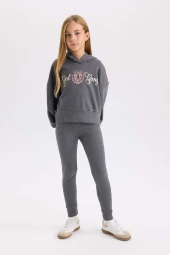 Girls' 2-Piece Printed Hooded Sweatshirt with Elastic Waist Ribbed Knit Leggings