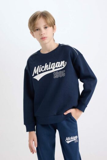 Navy Blue Boys Oversized Fit Wide Cut Printed Thick Sweatshirt