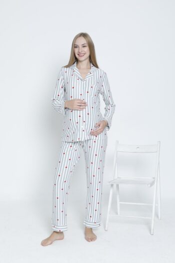 Miss World Lissa Front Buttoned Collar Suede Velvet Adjustable Waist Maternity and Nursing Pajama Set