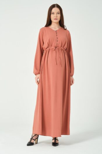 BUSA Maternity Lace-Up Long Sleeve Maxi V-Neck Dress in Rose Pink
