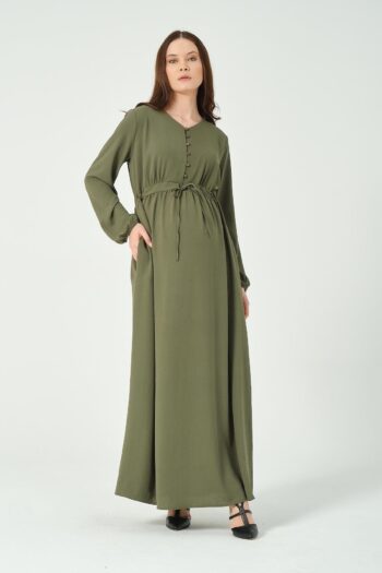 BUSA Maternity High Waist Lace-Up Long Sleeve Maxi V-Neck Hijab Dress in Olive Green