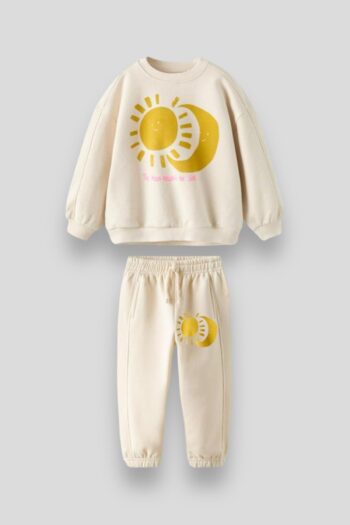 Magu Girl's Cream Sun Moon Cotton Sweatshirt Tracksuit Set