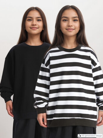 LCW Kids Black Striped Crew Neck Long Sleeve Girls Sweatshirt Set of 2