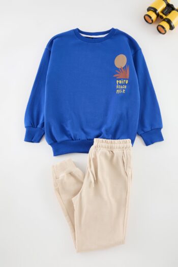 Blue Printed Cotton Knit Top and Bottom Set for Boys TKDAW25AU00144