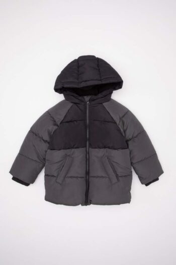 Boys' Hooded Water-Resistant Color Block Patterned Fleece-Lined Puffer Jacket