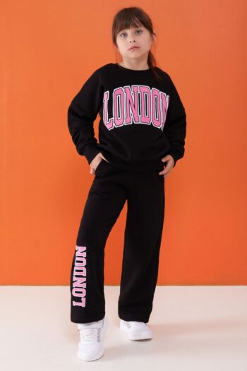 Cansın Mini Black London Printed Fleece-Lined Girls' Tracksuit Set 19522