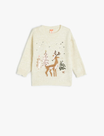 Baby Girl Knit Sweater with Long Sleeves and Reindeer Embroidery, Sequin Details