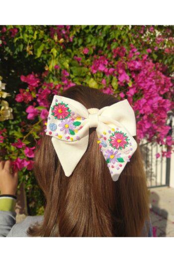 HandMadeJob Baby, Child Hairpin with Purple and Pink Flower Embroidery on Beige