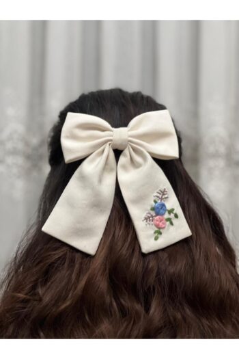 Ailanthus Snap Automatic Hair Clip with Embroidered Bow Ribbon - Cream Color, Duck Fabric Embellished Hair Clip 13*16 cm