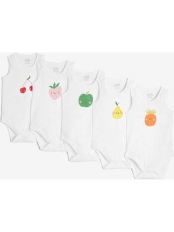 June White Baby Smiling Fruits Printed 5-Piece Bodysuit Set